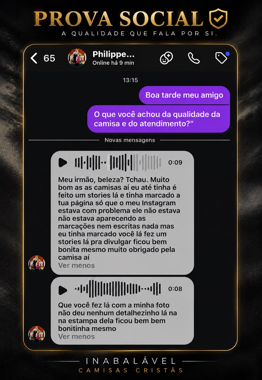 Print de conversa no WhatsApp - cliente Philippe elogiando a estampa e o atendimento